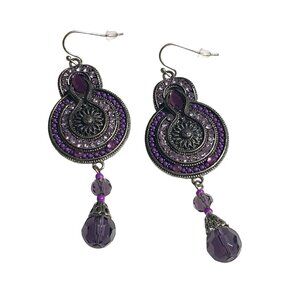 Vintage Purple Beaded Dangle Earrings Intricate Metalwork Drop Design Crystal Ac